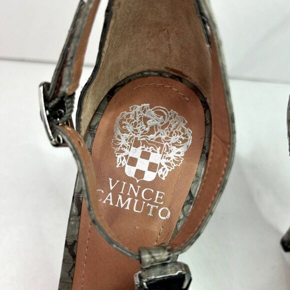 Vince Camuto Leather Snakeskin Open Toe Pumps Heels Buckle Grey Jeweled Womens - Picture 10 of 12